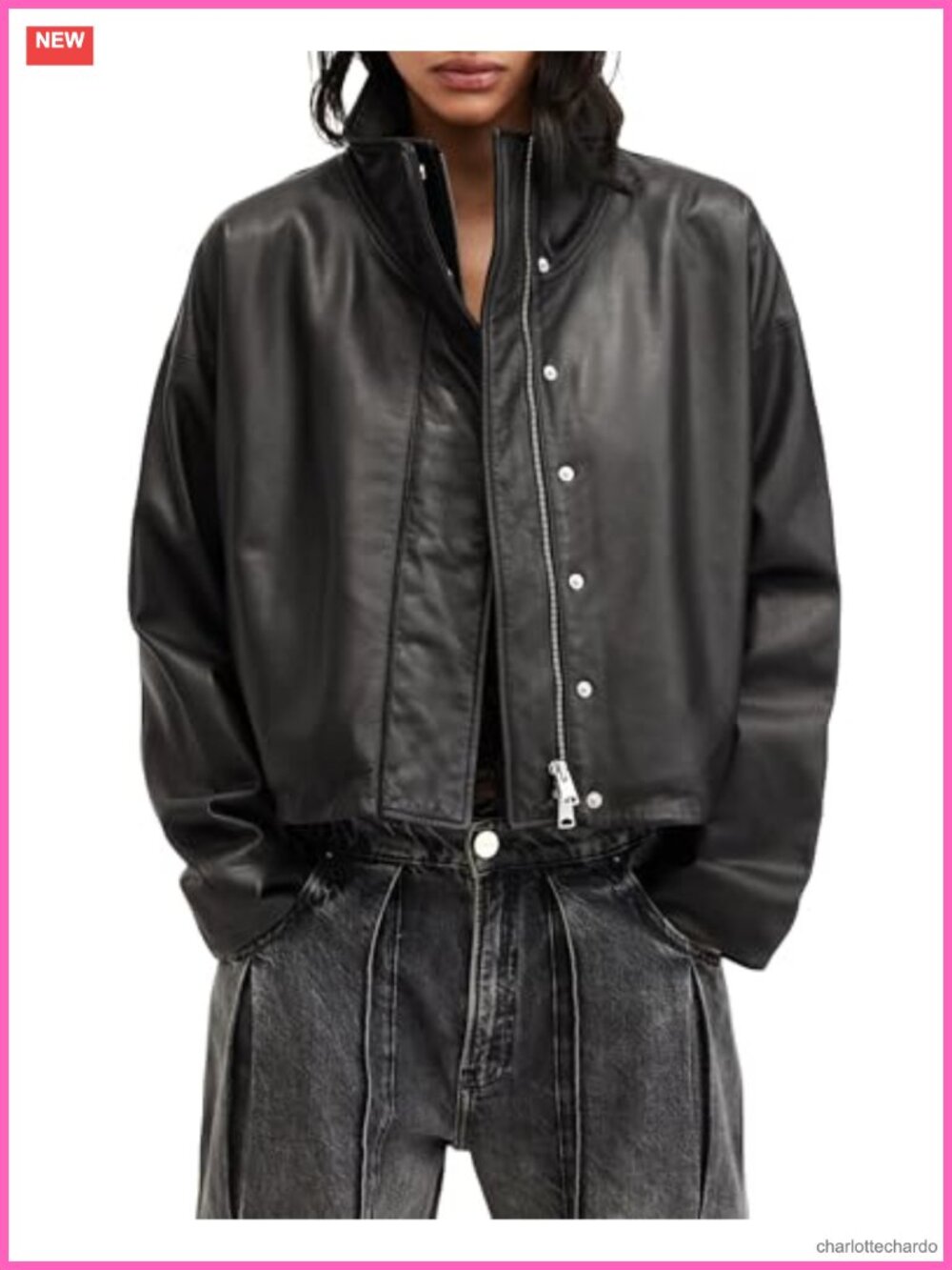100% Leather Relaxed Aviator Moto Jacket Funnel Neck Long Sleeve